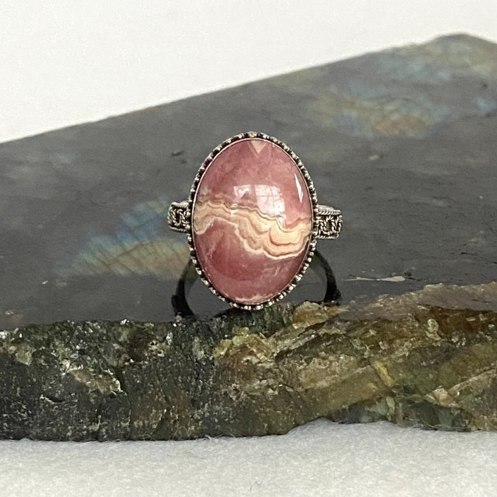 Sterling Silver 925 MNSN Oval Bezel Set Pink Rhodochrosite Cabochon Ring Sz 6.5 - Picture 7 of 16